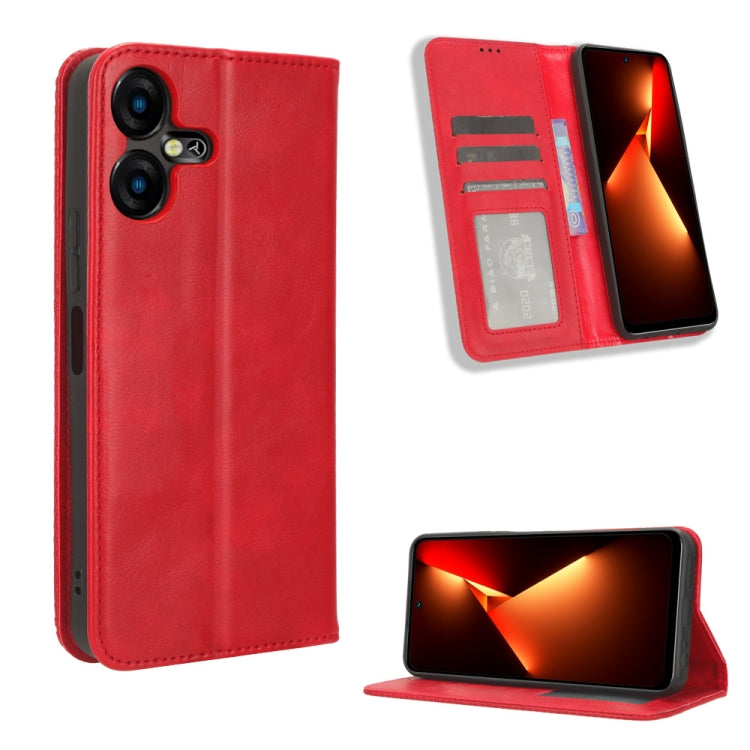 Magnetic buckle folio phone case in red leather texture, card slots and kickstand