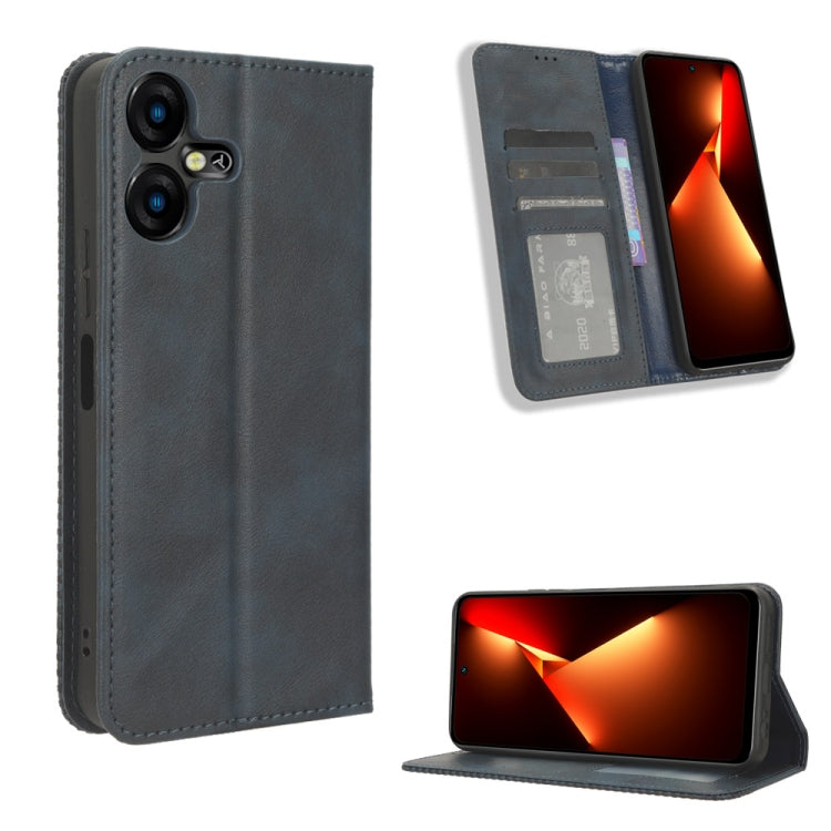Magnetic buckle folio phone case in dark gray leather texture, card slots and kickstand