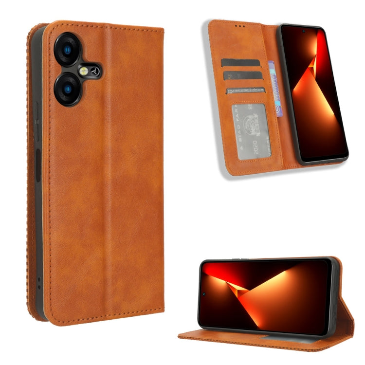 Magnetic buckle folio phone case in tan leather texture, card slots and kickstand