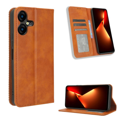 Magnetic buckle folio phone case in tan leather texture, card slots and kickstand