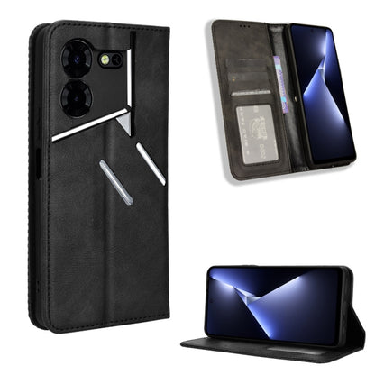 Magnetic buckle phone case with retro leather texture, black, magnetic strap and stand