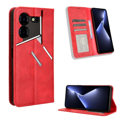 Magnetic buckle phone case with retro leather texture, red, magnetic strap and stand