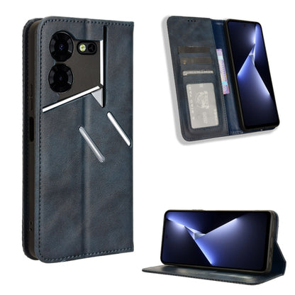 Magnetic buckle phone case with retro leather texture, dark blue, magnetic strap and stand
