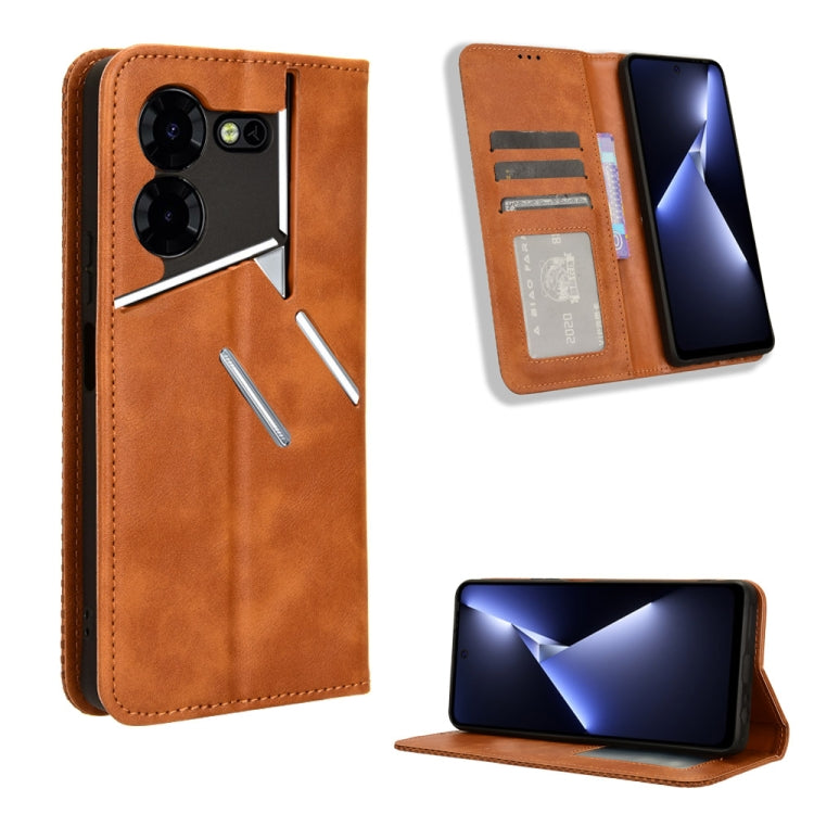Magnetic buckle folio phone case in brown leather texture, card slots and kickstand