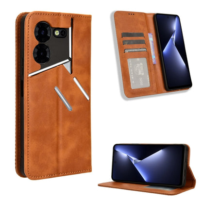 Magnetic buckle folio phone case in brown leather texture, card slots and kickstand