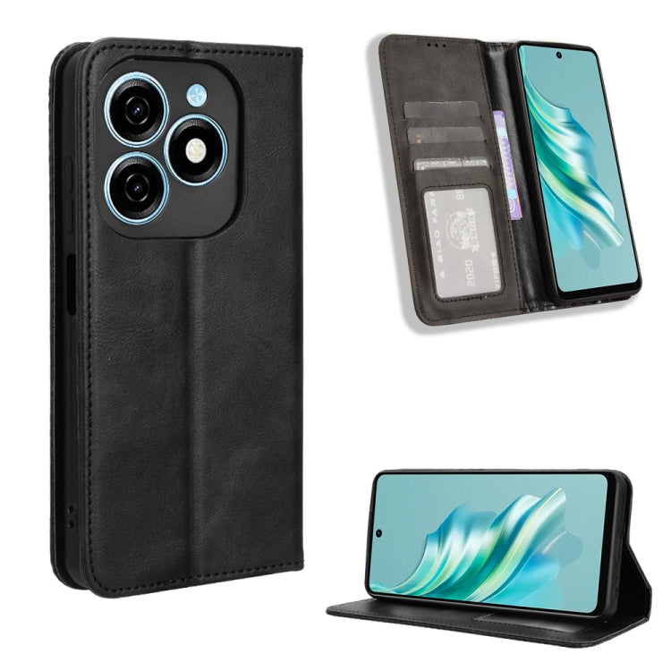 Magnetic buckle phone case with retro leather texture, black, card slots and fold stand