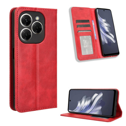 Red leather magnetic buckle phone wallet case with card slots and kickstand