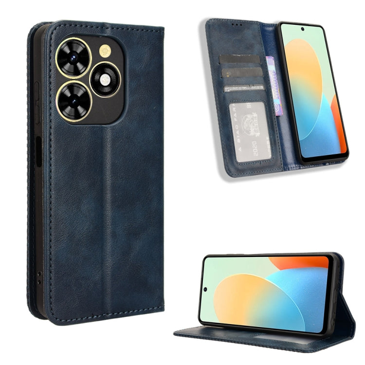 Magnetic buckle phone case with retro leather texture, dark blue, card slots and fold stand