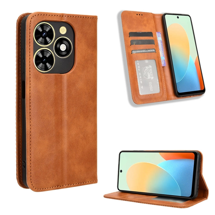 Magnetic buckle phone case with retro leather texture, brown, card slots and fold stand