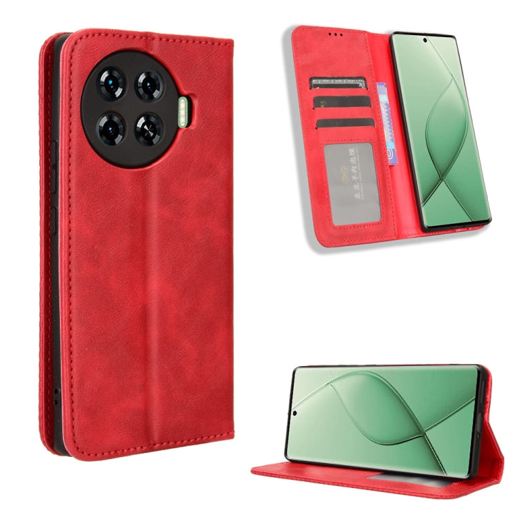 Red leather magnetic buckle phone wallet case with card slots and kickstand