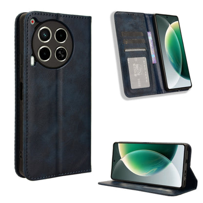 Navy blue magnetic wallet phone case with folio stand; card slots and camera cutouts.