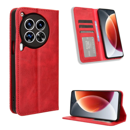 Red magnetic buckle leather phone case with card slots and fold-out stand