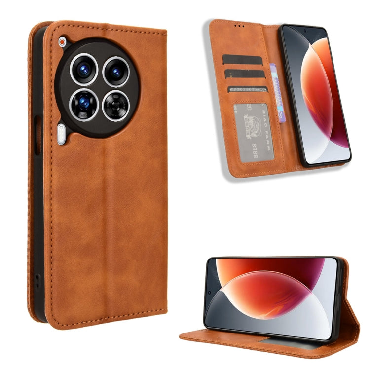 Brown magnetic buckle leather phone case with flap, card slot, and stand view