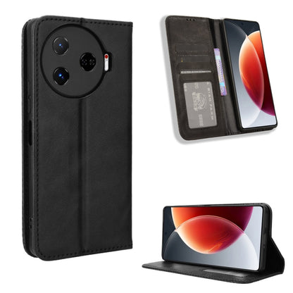 Black magnetic buckle leather phone case with flap, card slot, and stand view