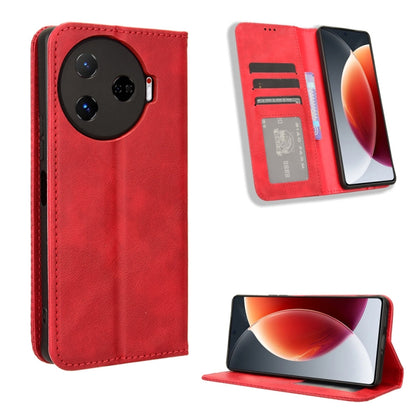 Red magnetic wallet phone case with folio flap and stand; card slots visible.