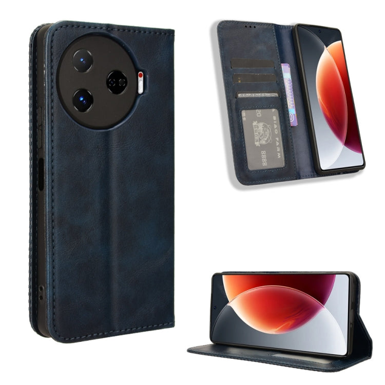 Dark blue magnetic wallet phone case with folio stand; internal card slots visible.