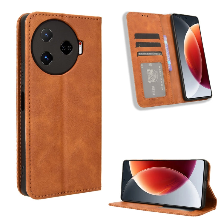 Brown magnetic wallet phone case with folio stand; card slots in the inner flap.