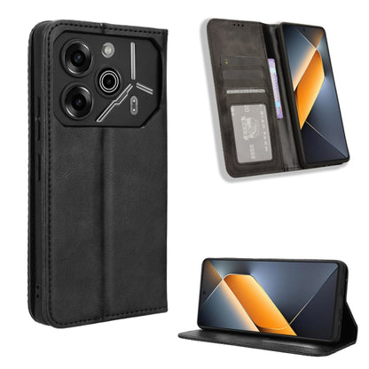 Black magnetic wallet phone case with folio stand; card slots visible in the flap.