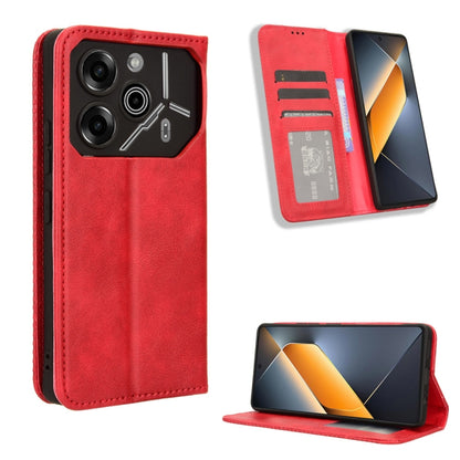 Red magnetic wallet phone case with folio stand; inner card slots and camera cutout.