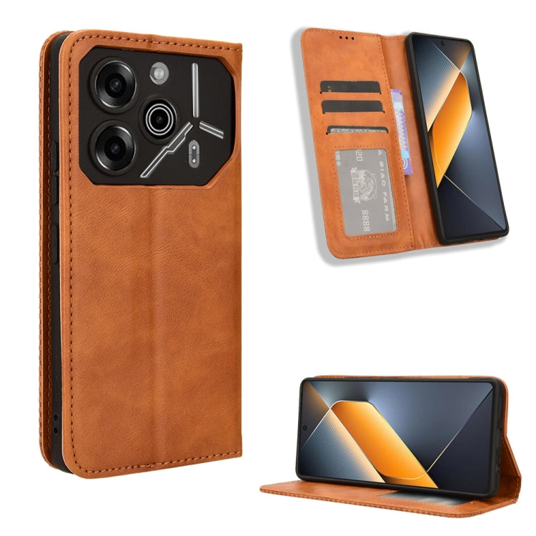 Brown leather magnetic buckle phone wallet case with card slots and kickstand