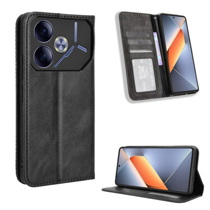Dark gray magnetic buckle leather phone case with flap, card slot, and stand view