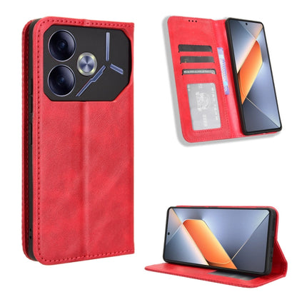 Red magnetic buckle leather phone case with flap, card slot, and stand view