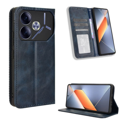 Dark blue magnetic buckle leather phone case with flap, card slot, and stand view