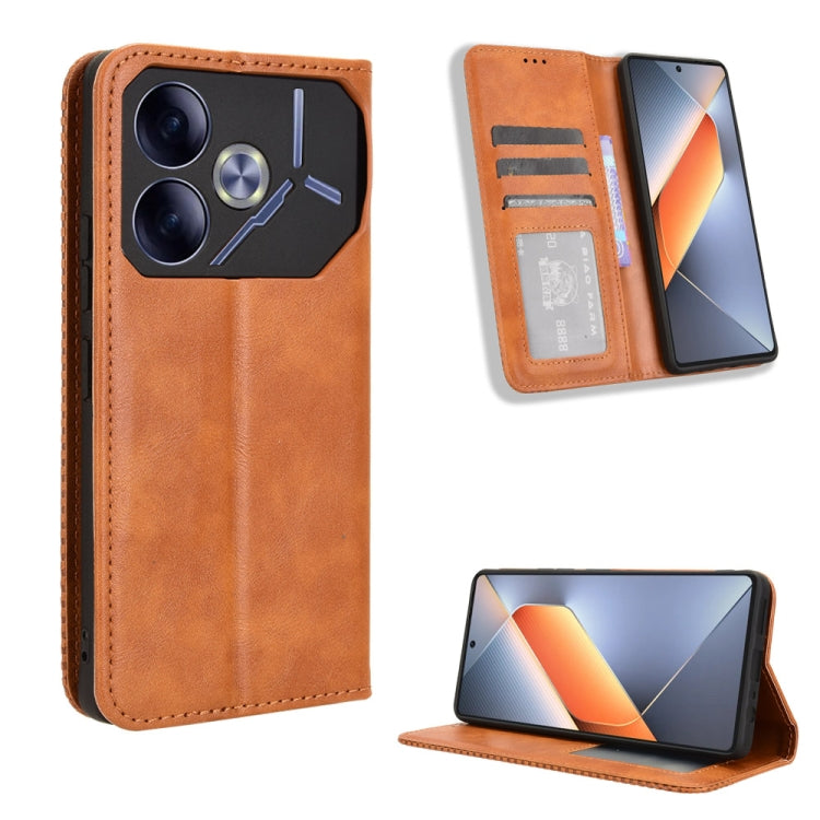 Light brown magnetic buckle leather phone case with flap, card slot, and stand view
