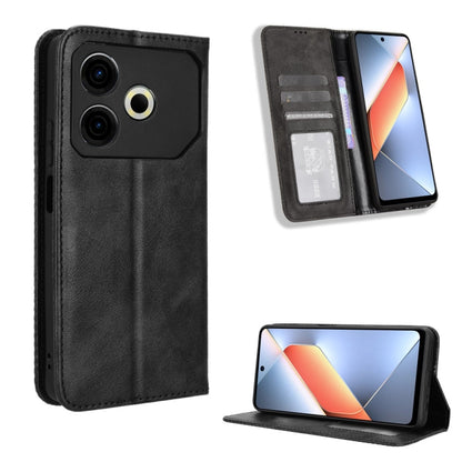 Black magnetic buckle leather phone case with flap, card slots, and stand view