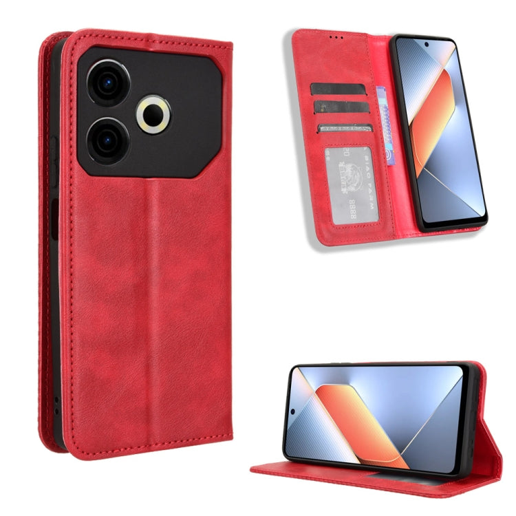 Red magnetic buckle leather phone case with flap, card slot, and stand view