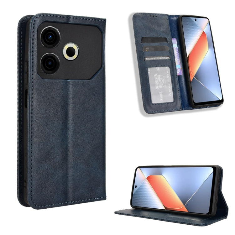 Navy magnetic buckle leather phone case with flap, card slot, and stand view