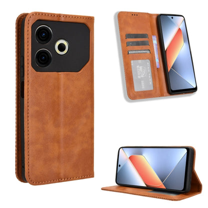 Tan magnetic buckle leather phone case with flap, card slot, and stand view