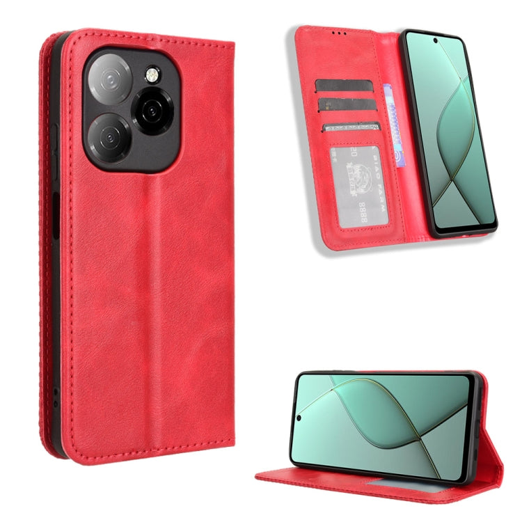 Red magnetic buckle leather phone case with card slots and fold-out stand