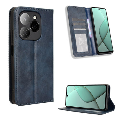 Navy blue magnetic buckle leather phone case with card slots and fold-out stand