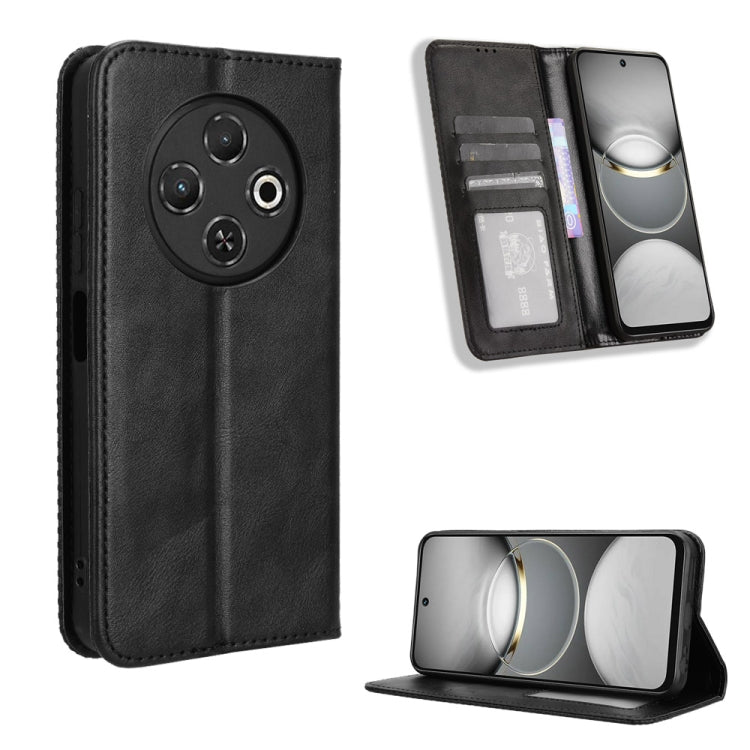 Magnetic buckle leather phone case with wallet slots, black retro texture