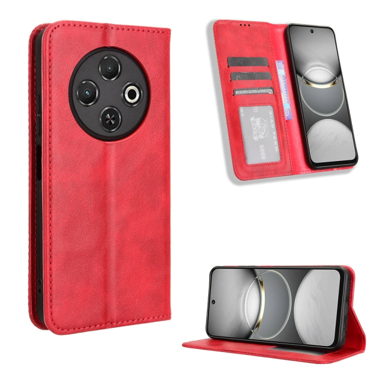 Red magnetic buckle leather phone case with card slots and fold-out stand