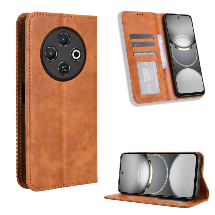Brown magnetic buckle leather phone case with card slots and fold-out stand