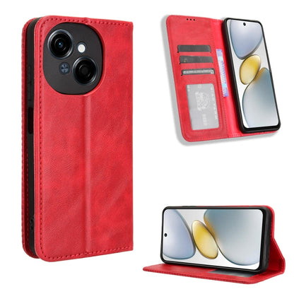 Magnetic buckle leather phone case with wallet slots, bright red retro texture