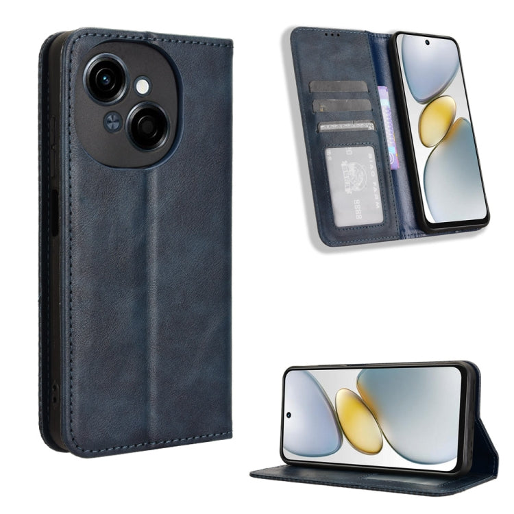 Magnetic buckle leather phone case with wallet slots, navy blue retro texture