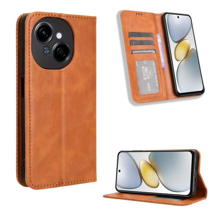 Magnetic buckle leather phone case with wallet slots, warm tan retro texture