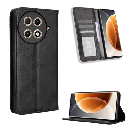 Black leather phone case with magnetic buckle, card slots, and kickstand
