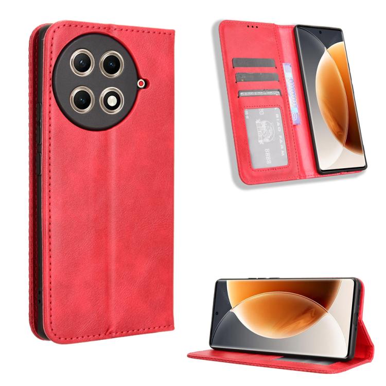 Magnetic flip leather phone case with card slots, red retro texture.
