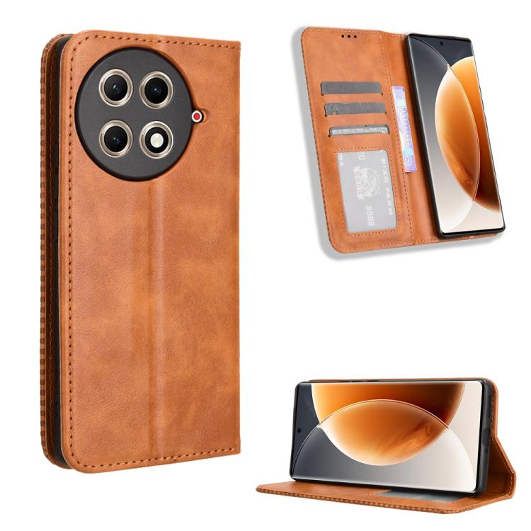 Magnetic flip leather phone case with card slots, brown retro texture.
