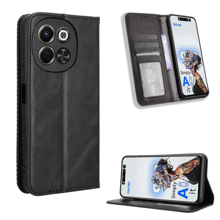 Magnetic flip leather phone case with card slots, black retro texture.