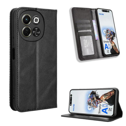 Magnetic flip leather phone case with card slots, black retro texture.