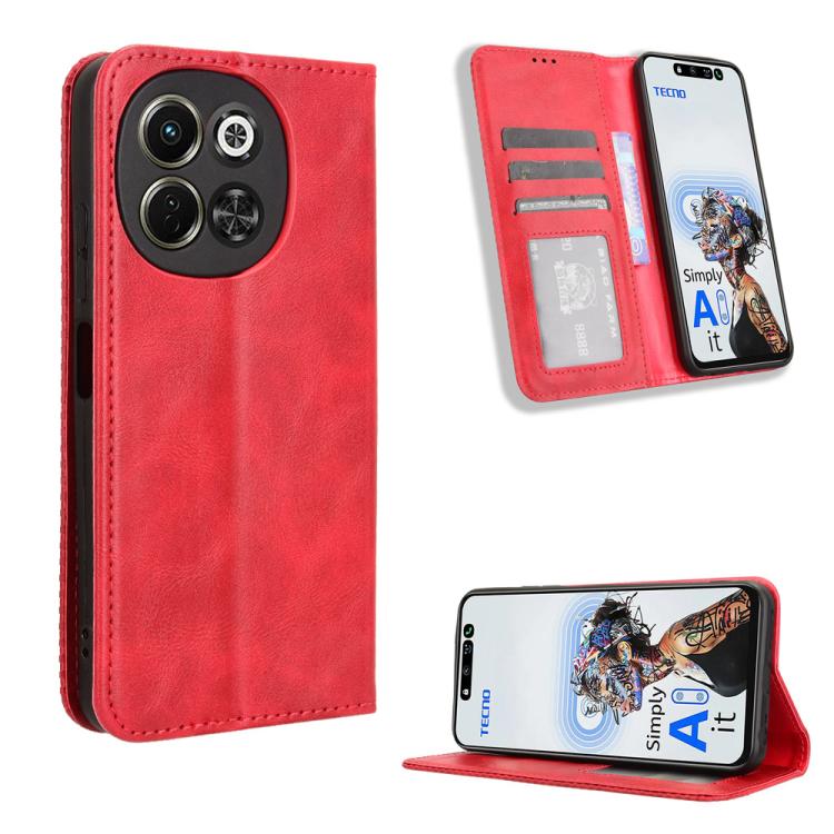 Magnetic flip leather phone case with card slots, red retro texture.