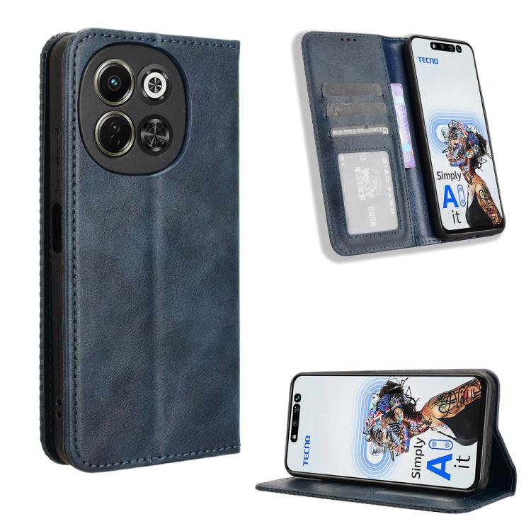 Magnetic flip leather phone case with card slots, dark blue retro texture.