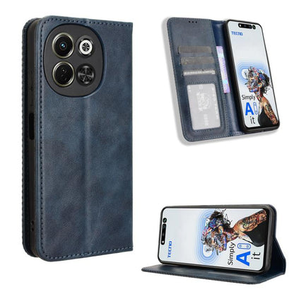Magnetic flip leather phone case with card slots, dark blue retro texture.