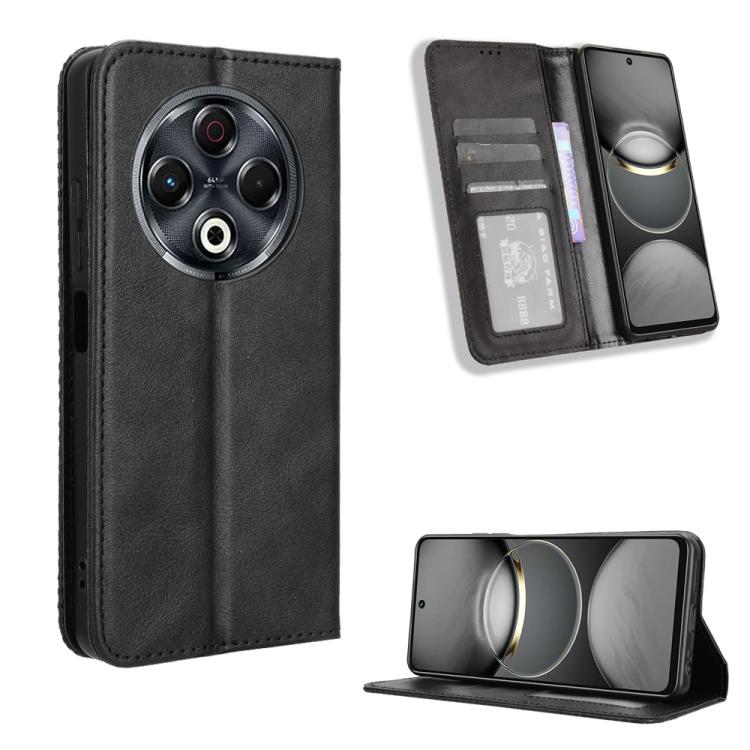 Magnetic buckle leather phone case with wallet slots, black retro texture
