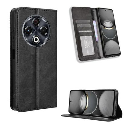 Magnetic buckle leather phone case with wallet slots, black retro texture